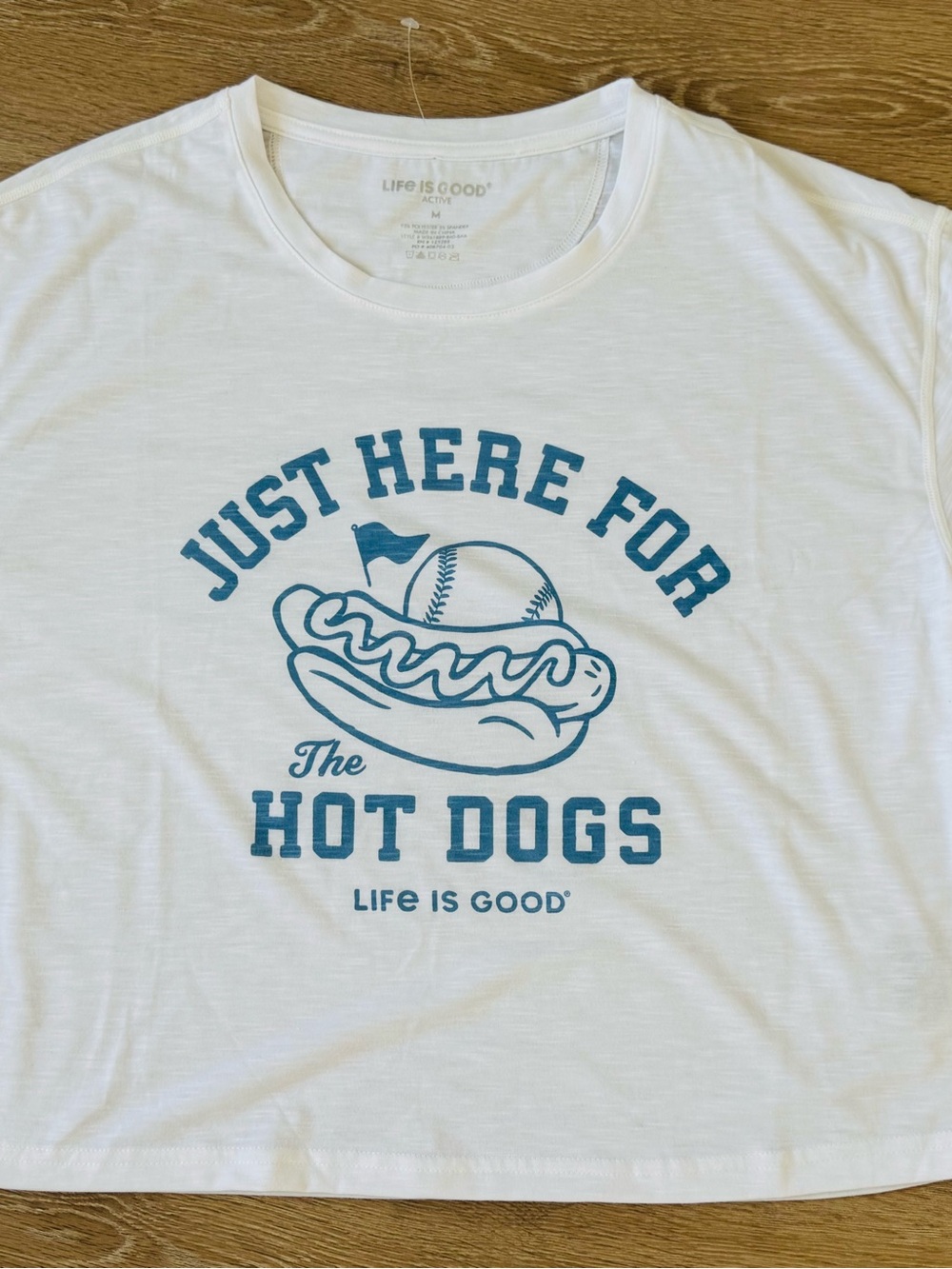NWT Life Is Good White Tee with Blue Hot Dog & Baseball Graphic ⚾️